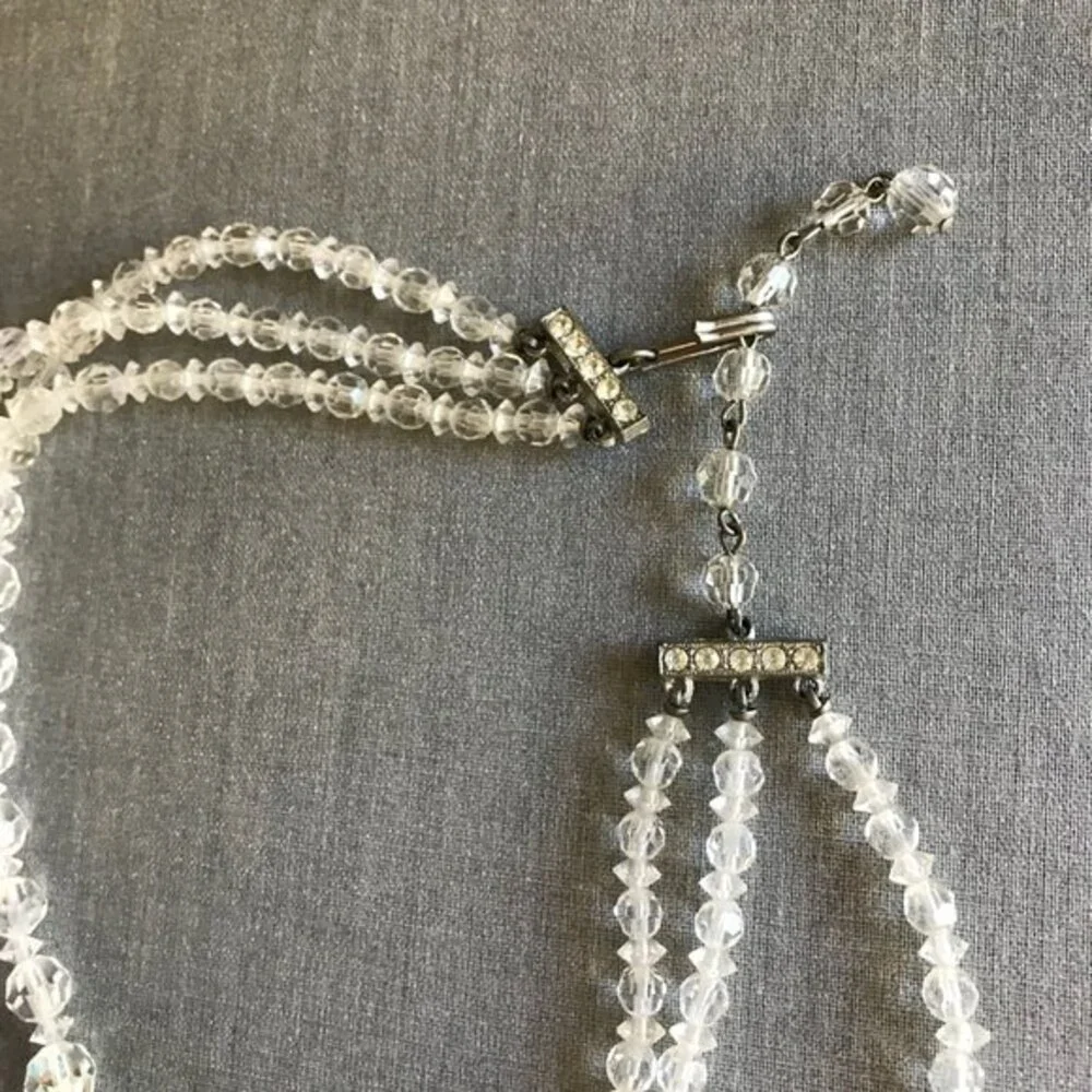Vintage 3 Strand Aurora Borealis Crystal Necklace Rhinestone Extension 14-16 In